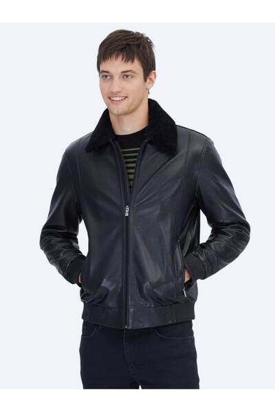 Kip Black Regular Fit Shirt Collar Casual Sheepskin Leather Coat