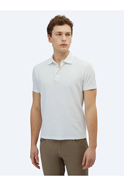 Kip White Patterned Polo Neck Cotton Blend T-Shirt