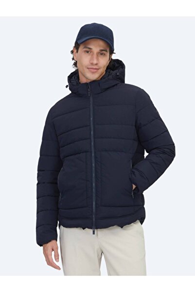 Kip Navy Blue Regular Fit Hooded Casual Woven Coat