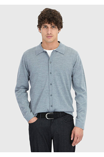 Ramsey Gray Polo Neck Plain Knit Wool Blend Cardigan