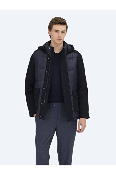 Kip Navy Blue Regular Fit Hooded Casual Woven Coat