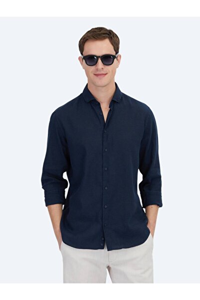 Kip Πουκάμισο με υφαντό casual βαμβακερό μείγμα Navy Blue Plain Regular Fit