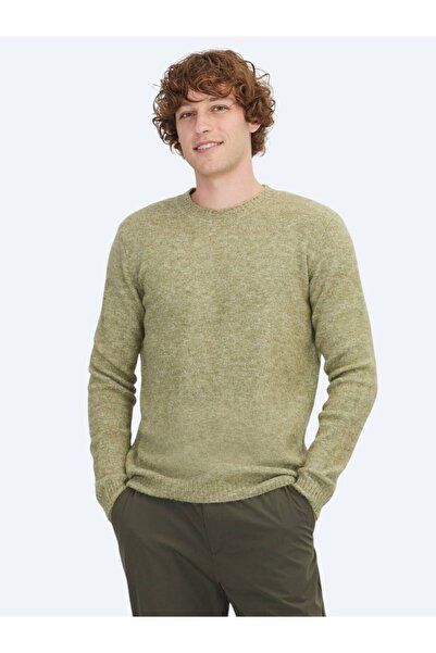 Kip Haki Bisiklet Yaka Jakarlı Yün Karışımlı Triko Kazak