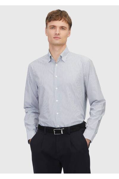 Ramsey Γκρι ριγέ Casual Fit υφαντό πουκάμισο casual από 100% βαμβάκι