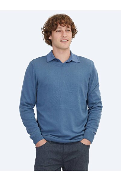 Kip Aviator Blue Crew Neck Patterned Cotton Blend Knit Sweater