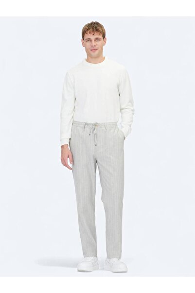 Kip Gri Çizgili Dokuma Jogging Fit Casual Keten Karışımlı Pantolon