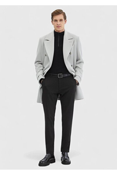 Ramsey Gri Regular Fit Kruvaze Yaka Casual Dokuma Palto