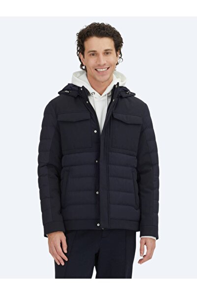 Kip معطف منسوج كاجوال بغطاء للرأس باللون الأزرق الداكن