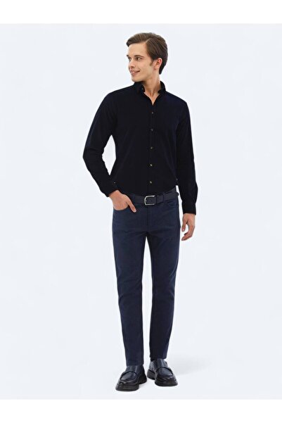 Kip Pantaloni slim din bumbac, țesuți, albastru bleumarin