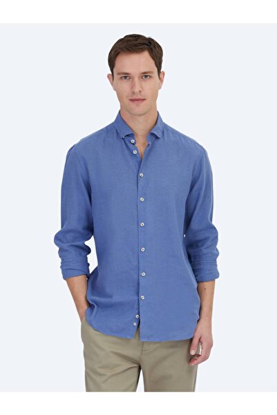 Kip Aviator Blue Plain Regular Fit Woven Casual Cotton Blend Shirt