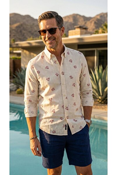 MEGALDİ Erkek Slim Fit Kesim Keten Pembe Uzun Kollu Gömlek