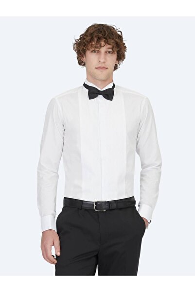 Kip White Plain Slim Fit Double Cuff Turtle Collar Tuxedo Shirt