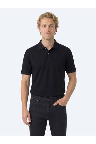 Kip Lacivert Düz Polo Yaka Pamuk Karışımlı T-Shirt