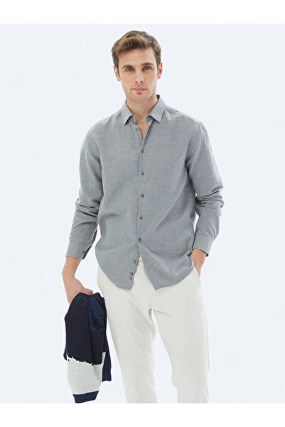 Kip Gri Düz Regular Fit Dokuma Casual Pamuk Karışımlı Gömlek