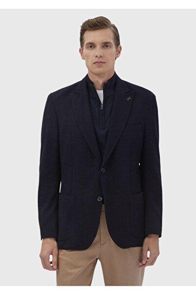 Ramsey Lacivert Desenli Shirt Shoulder Slim Fit Yün Karışımlı Örme Ceket