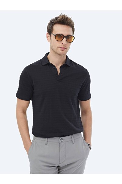 Kip Polo Neck Black Jacquard 100% Cotton T-shirt