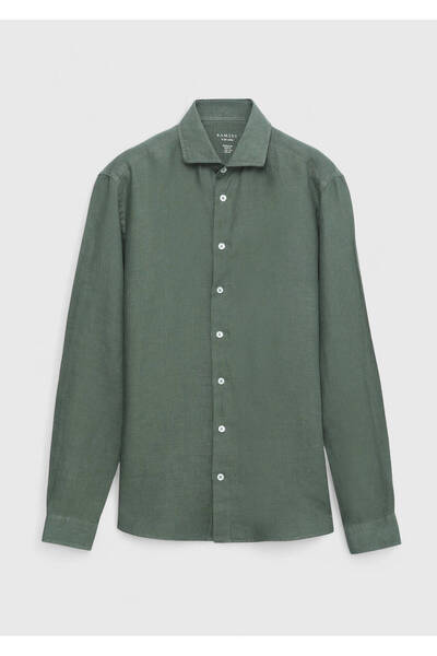 Ramsey Πουκάμισο από 100% λινό υφαντό casual ελεύθερου τύπου Khaki Plain