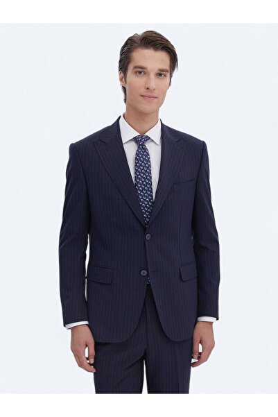 Kip Lacivert Çizgili Modern Fit Çevre Dostu Takım Elbise