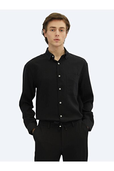Kip Siyah Düz Oversize Fit Dokuma Casual Gömlek