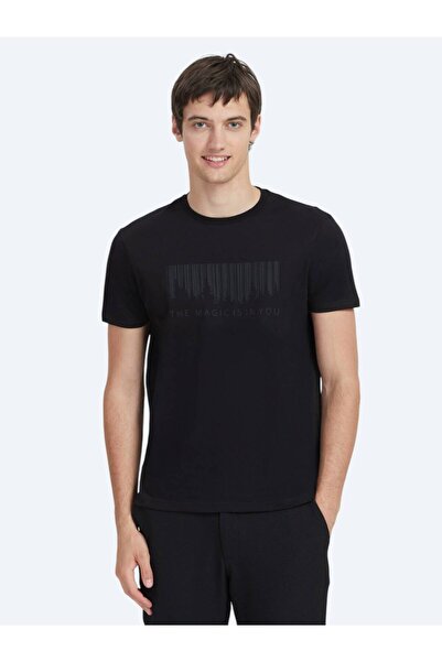 Kip Siyah Baskılı Bisiklet Yaka %100 Pamuk T-Shirt