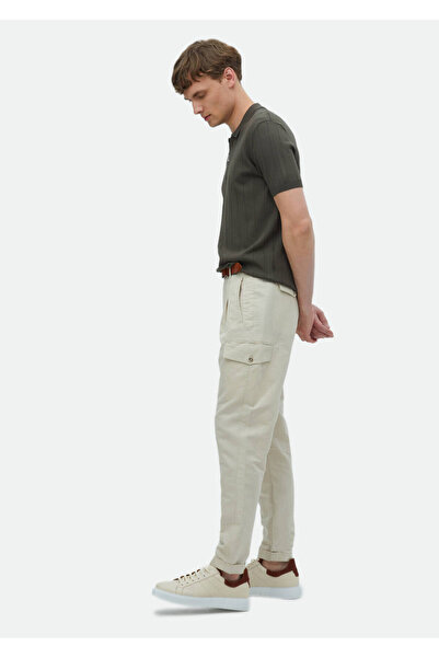 Ramsey Μπεζ ίσιο υφαντό παντελόνι Carrot Fit casual από βαμβακερό μείγμα