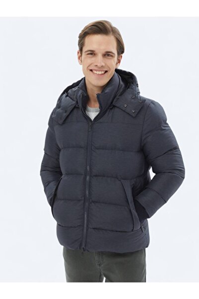 Kip Μπλε Navy Regular Fit Casual υφαντό παλτό με κουκούλα