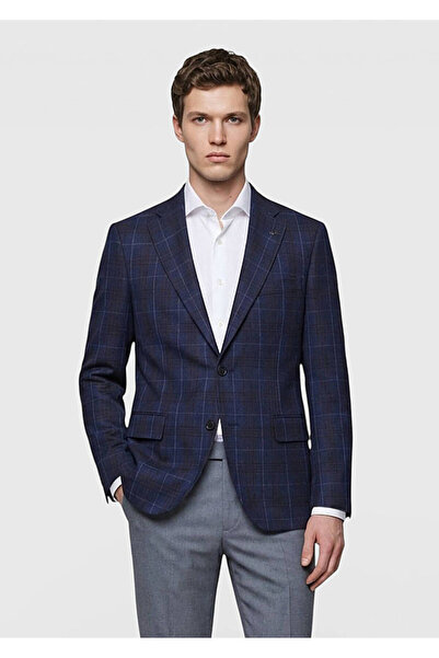 Ramsey İndigo Kareli Zeroweight Slim Fit Yün Karışımlı Ceket