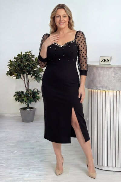 zks grup tekstil Γυναικείο βραδινό φόρεμα με λεπτομέρειες από πέρλες Y άνοιγμ...