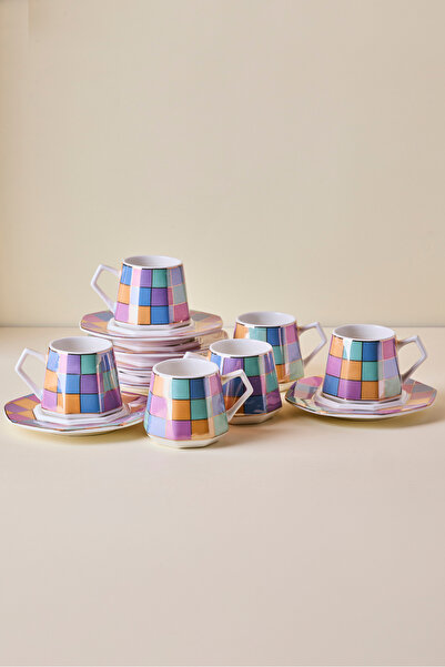 Perotti Antik 12 Parça 6 Kişilik Renkli Karma Desenli Porselen Kahve Fincanı ...