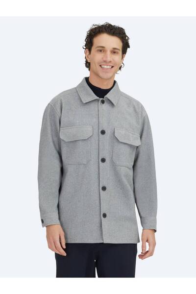 Kip Gray Plain Regular Fit Woven Overshirt