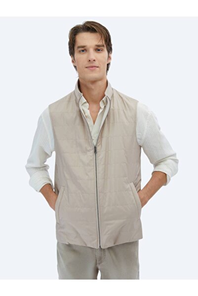 Kip Açık Bej Pamuk Karışımlı Dokuma Spor Yelek