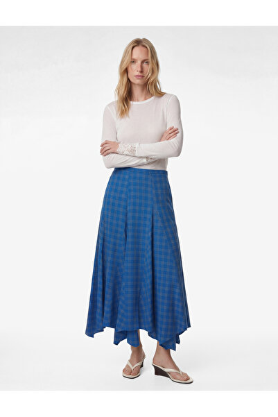 Koton Asymmetrical Cut Checked Midi Skirt