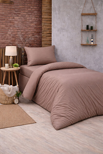 vionetta Striped Cotton Saten Kahve Fitted Sheet Pcs Hotel Series Single Duve...