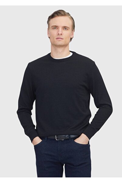 Ramsey Black Crew Neck Plain Knit Wool Blended Sweater