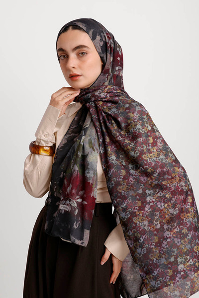 Ayshara Menekşe Με φλοράλ μοτίβο Σάλι Διπλής Όψης - Μαύρο Κόκκινο