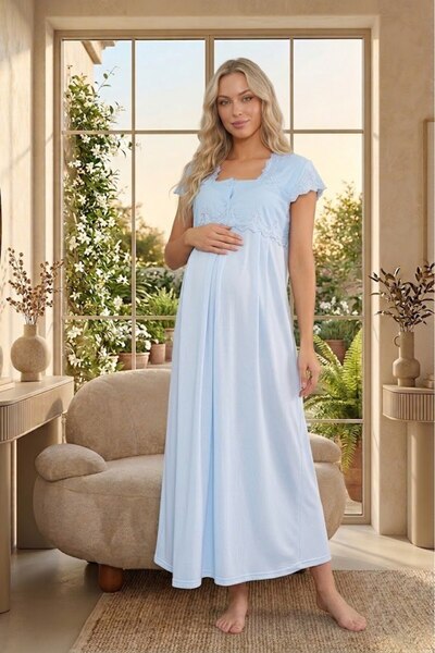 Lohussa Kadın Mavi Dantelli Yazlık Özel Tasarım Pamuk Hamile Lohusa Gecelik