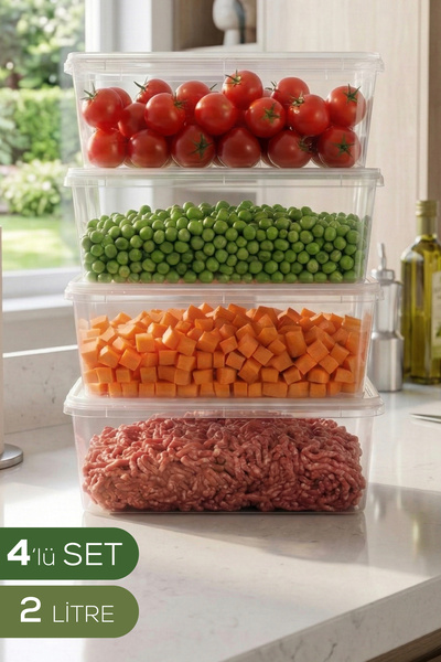 Vienev 4'lü 2 Lt Sabit Kapaklı Şeffaf Saklama Kabı Seti - Dikdörtgen Bakliyat...