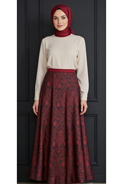 Muslima Wear Gloria Bordo Oryantal Çiçek ve Yakut Desenli Çift Astarlı İpeksi...