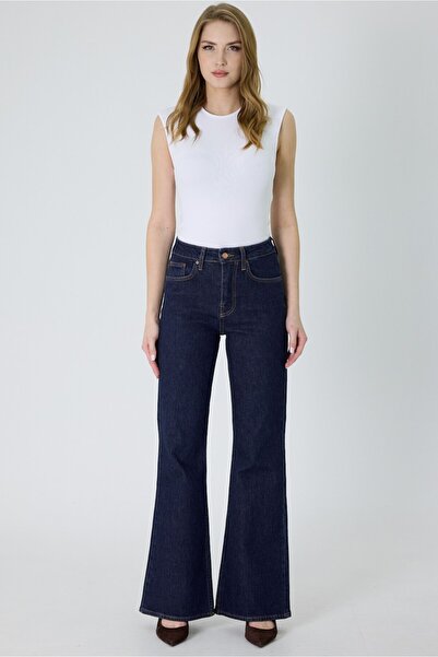 cracpot Women's Navy Blue Enzyme Wash Flare Jean Pants – High Waist Spanish Flare 100% Cotton Denim