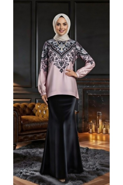 Muslima Wear Pink Black Leaf Patterned Adjustable Waist Jasmine Blouse
