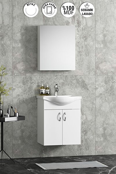 ÖZCEDEN Yıldız 50 cm Beyaz MDF Seramik Lavabolu Asma Banyo Dolabı Takımı