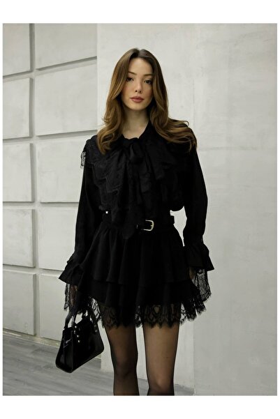 Coral قميص بأكمام ودانتيل أمامي 34512 أسود