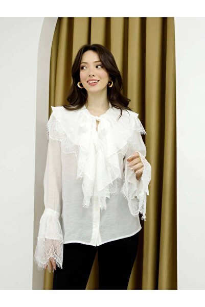 Coral قميص بأكمام ودانتيل أمامي 34512 أبيض