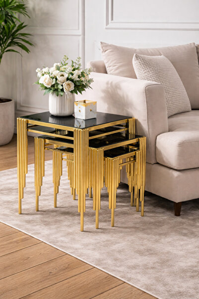 çelsan Kare Sütun 3’lü Zigon Sehpa – Siyah Camlı Kademeli Metal Ayaklı Lüks T...