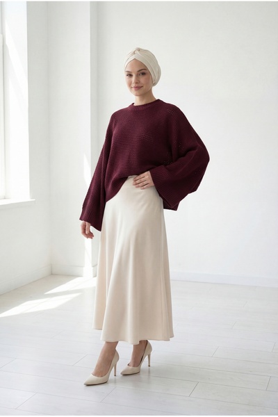 MİHRA STORE Yaser Πλεκτό Κοντό Πουλόβερ με Φαρδιά Μανίκια - KR5076 Βουργουνδί