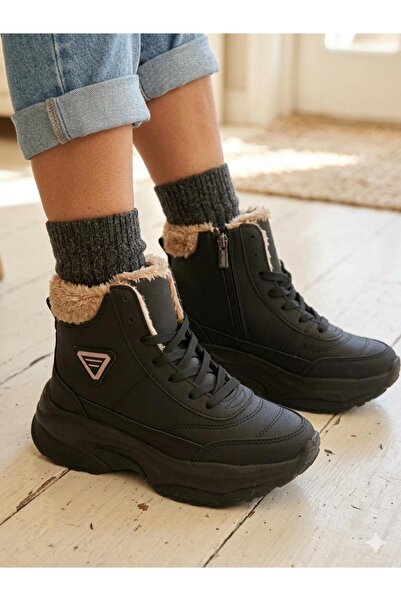 Amanal Süper Hafif Yünlü Siyah/bej Kadın Yüksek Taban Bot Kışlık Kürklü Fermu...