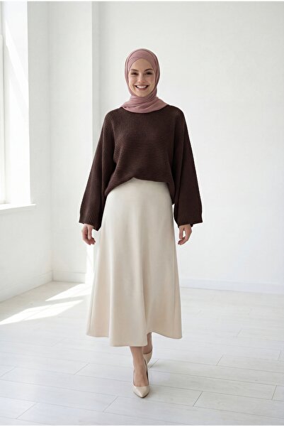 MİHRA STORE Yaser Geniş Kol Triko Kısa Kazak-KR5076 Kahve