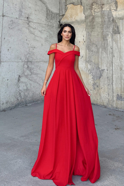 Mekafashion Omuzları Düşük Yırtmaçlı Abiye 58871 Kırmızı