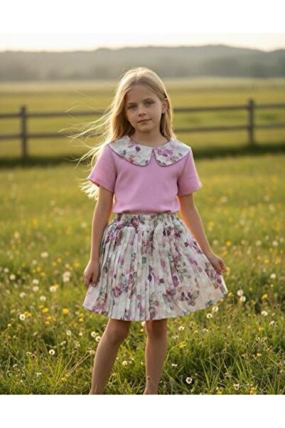 Hilal Akıncı Kids Costum din țesătură de in cu modele florale cu fustă plisată