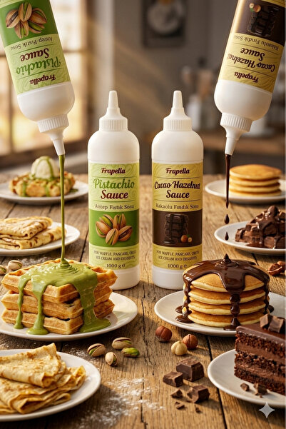 Frapella Antep Fıstık Sosu ve Kakaolu Fındık Sosu 1000g x 2 Adet Waffle, pank...